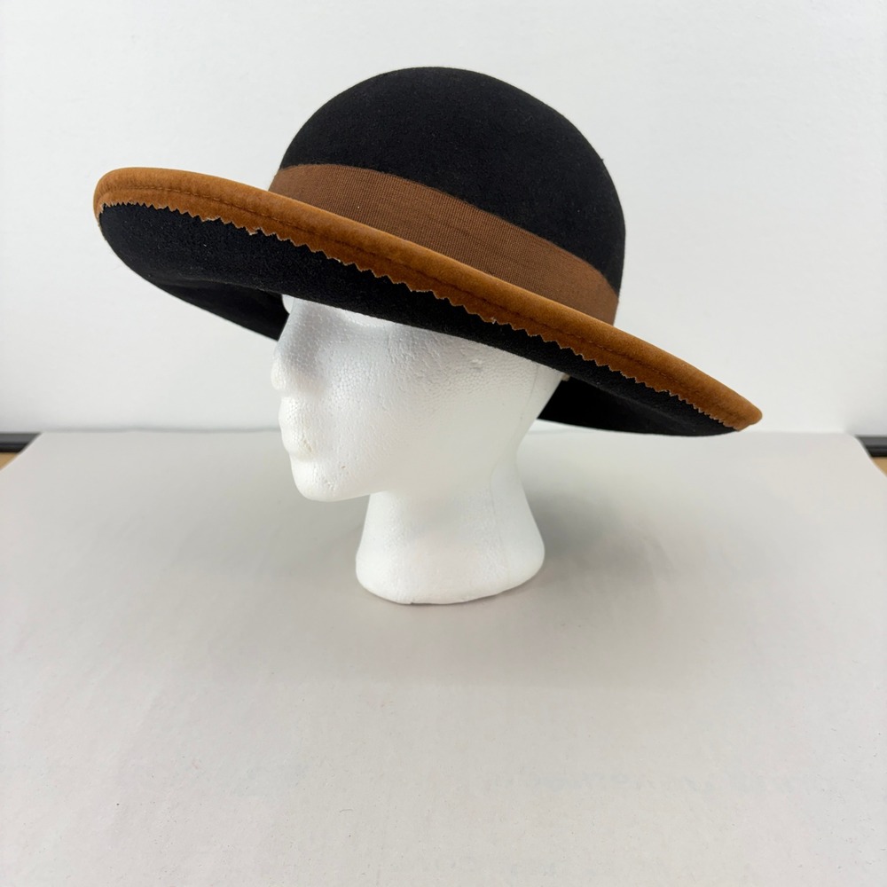 Bloomingdales Vintage Wool Wide Brim Hat Black Brown Made in Italy Diane Keaton
